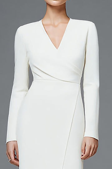 Long Sleeve Sheath V-Neck Ivory Work Dress